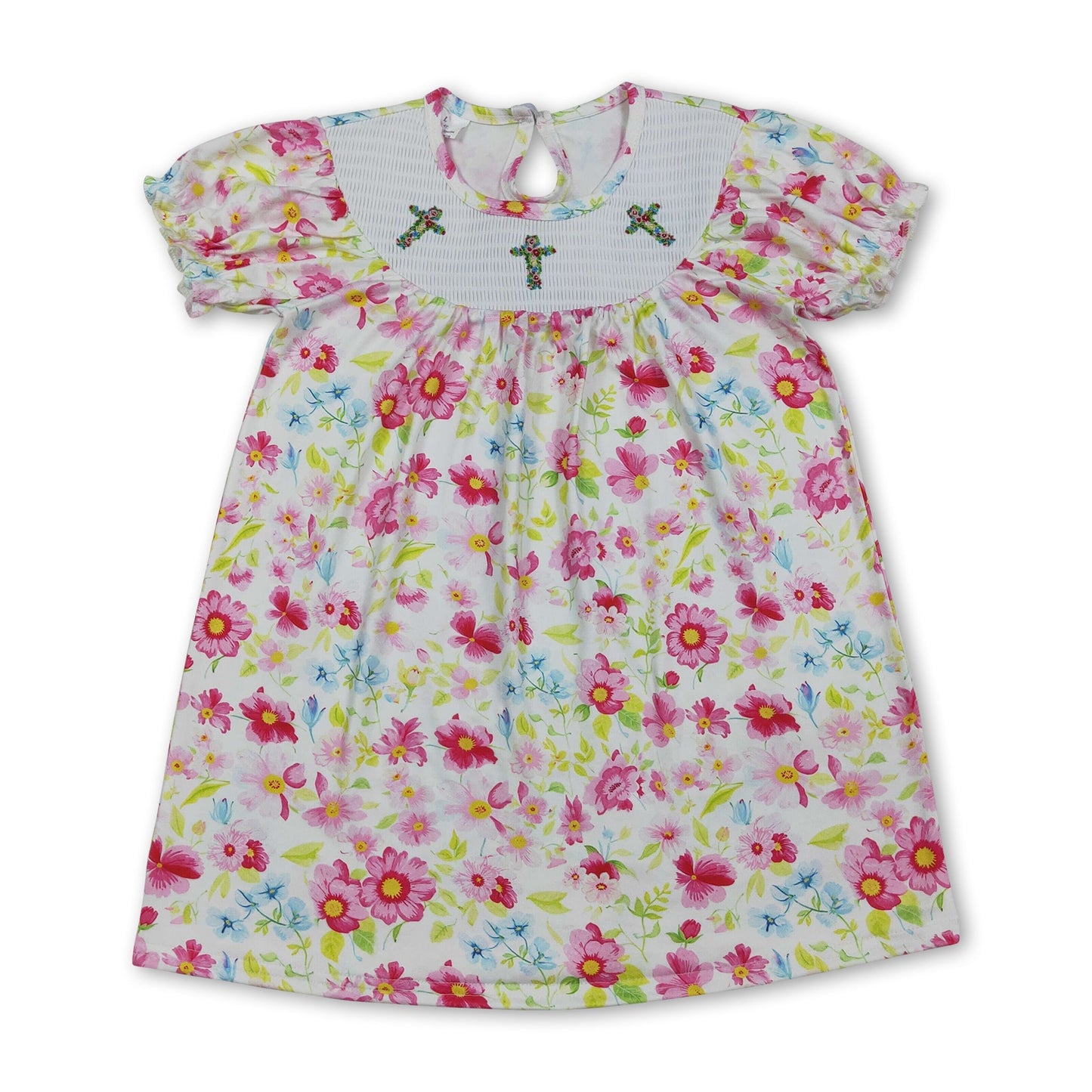 Floral short sleeves cross smocked baby girls dress