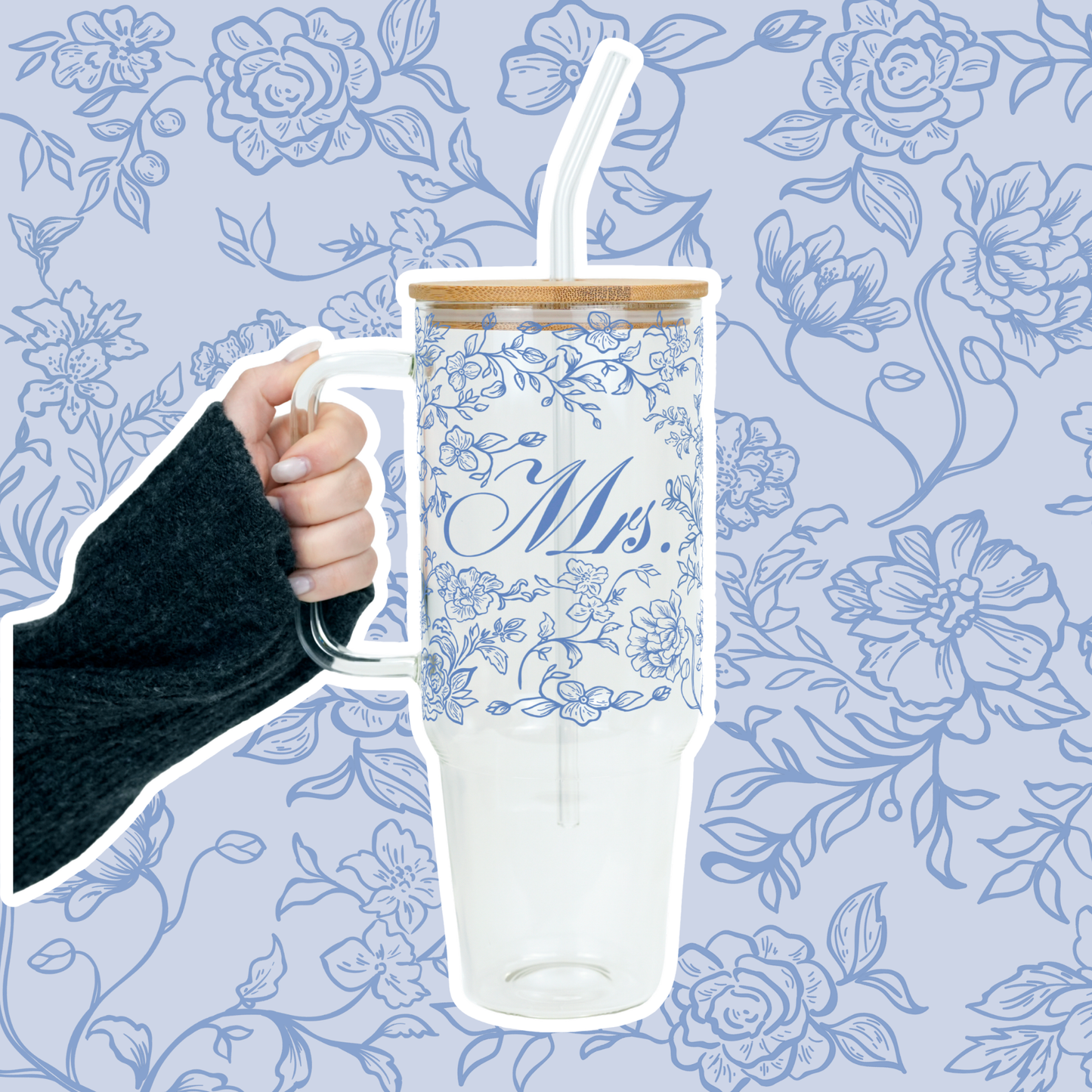 Mrs Chinoiserie Bridal Cup With Lid & Straw Non Personalized or Personalized