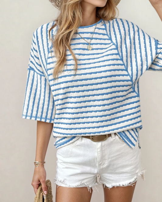 Noelle Textured Knit Split Hem Half Sleeve Loose Top - Sky Blue
