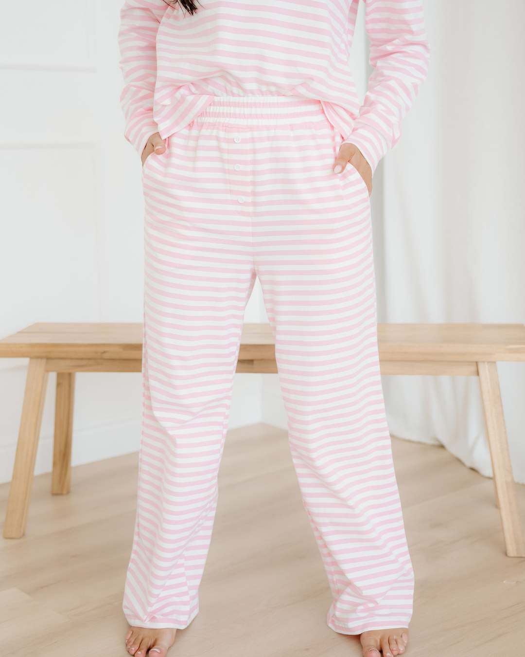 Thea Stripe Drop Shoulder Round Neck Top and Buttoned Straight Pants Two Piece Set