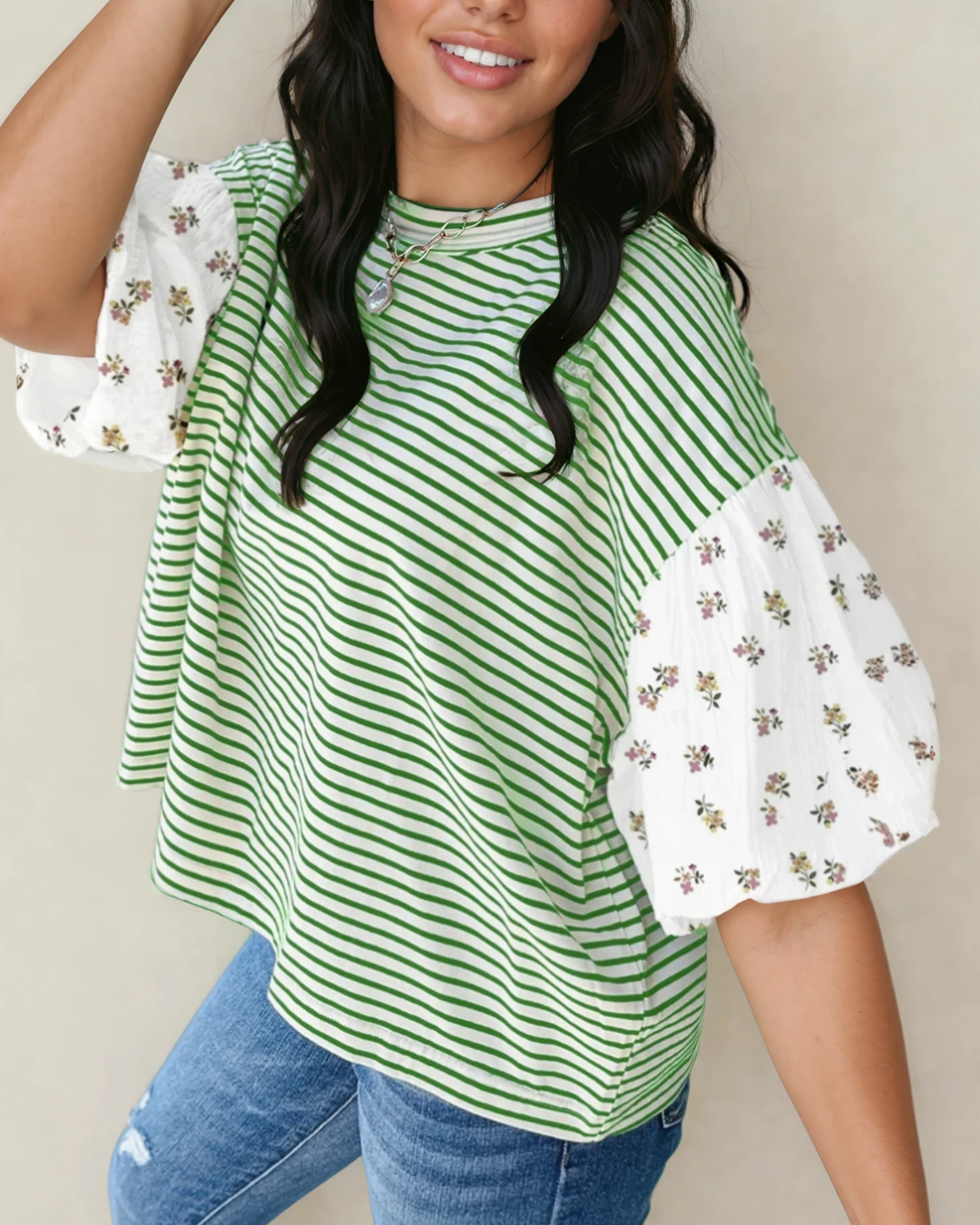 Aviva Puff Sleeve Patchwork Round Neck Loose Top - Green