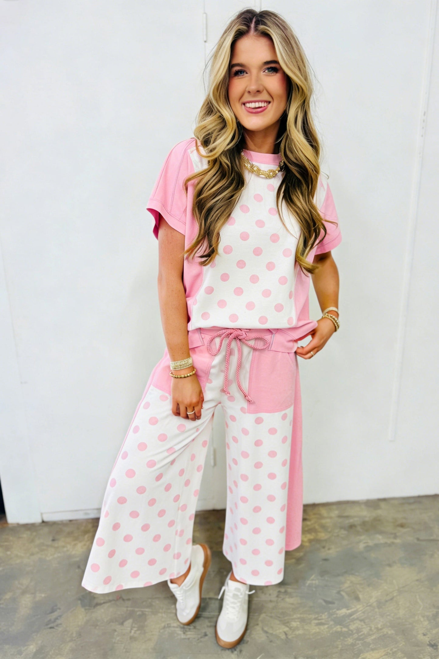 Polka Dot Colorblock Top & Wide Leg Pants Set
