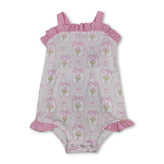Pink straps stripe bow floral baby girls summer romper