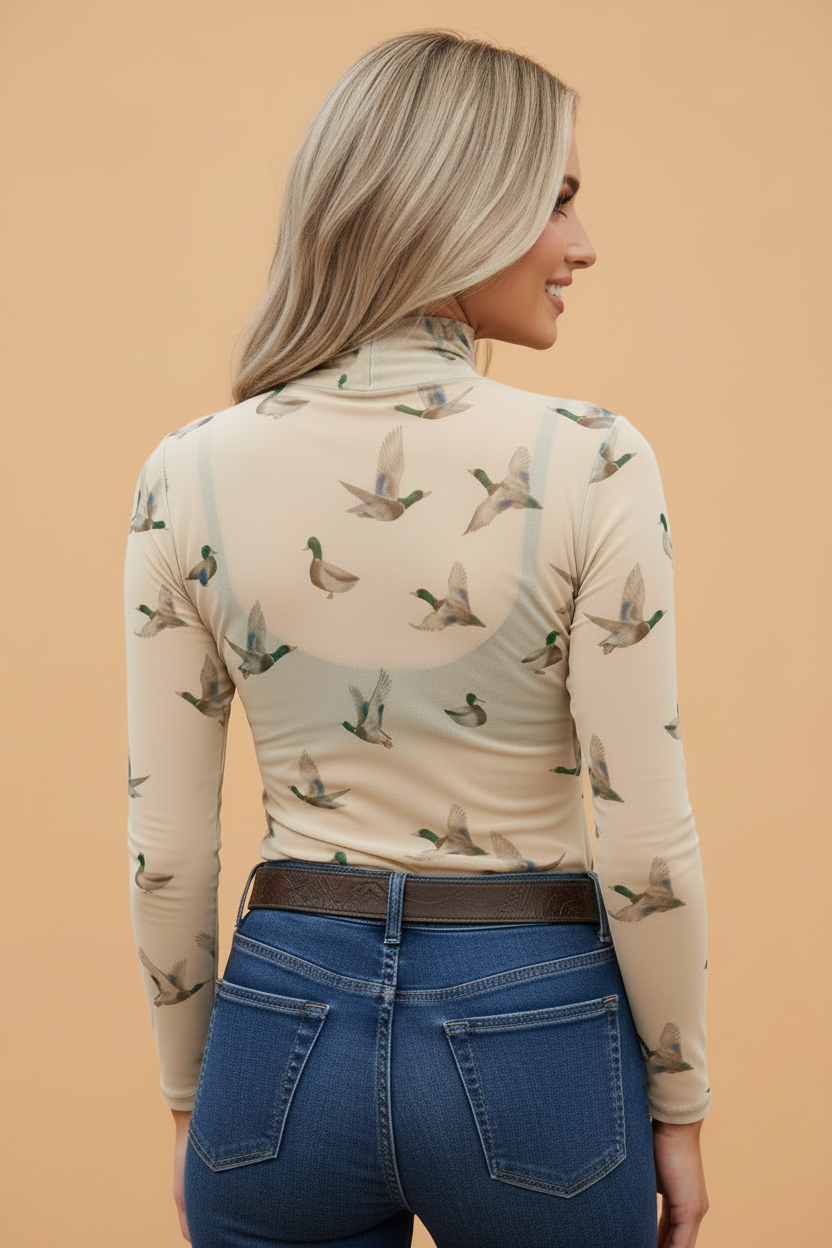 Western Mallard Mesh High Neck Long Sleeve Top