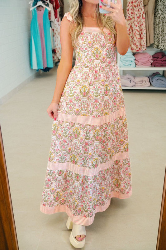 Floral Geometric Stripe Patchwork Sleeveless Dress